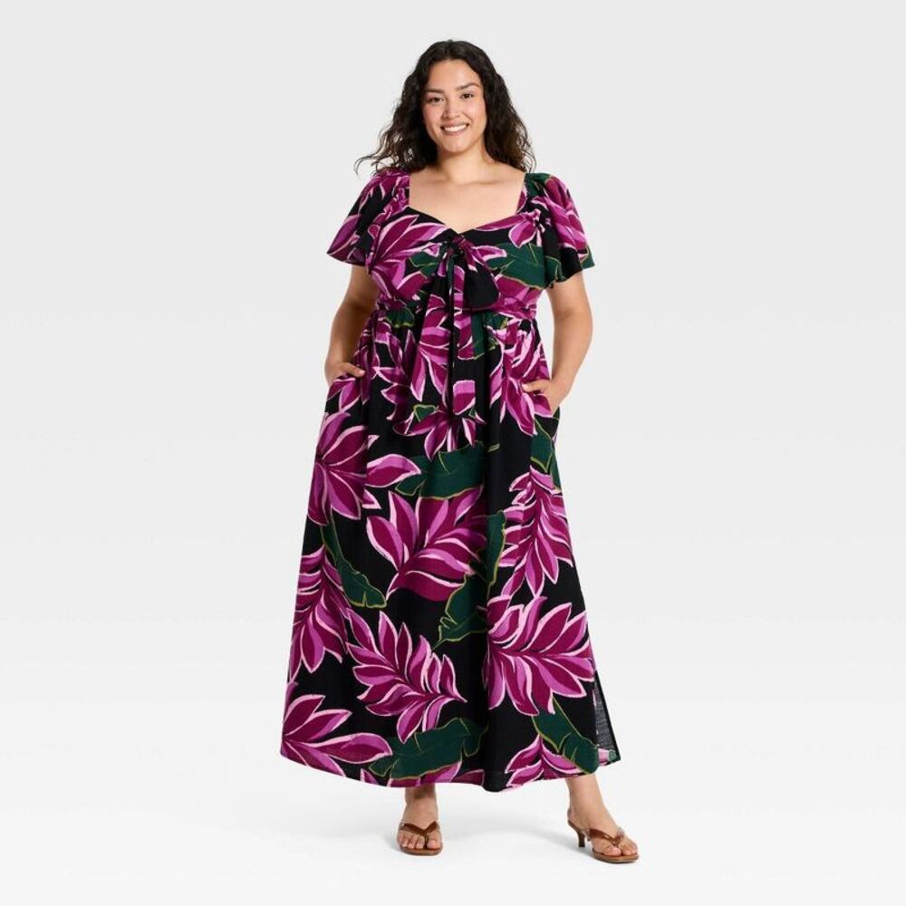 Women's Flutter Short Sleeve Tie-Front Maxi Dress - Ava & Viv Purple Floral 2X